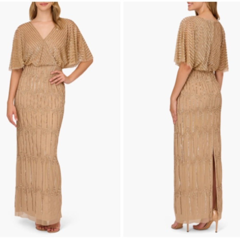 Adrianna Papell Beaded Evening Gown V-Neck Maxi Dress in Nude Gold Size 12 NWTS